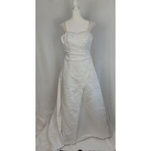 Davids Bridal Gown Sz 16 Sleeveless Beaded Silver Floral 4' Train Gathered Waist